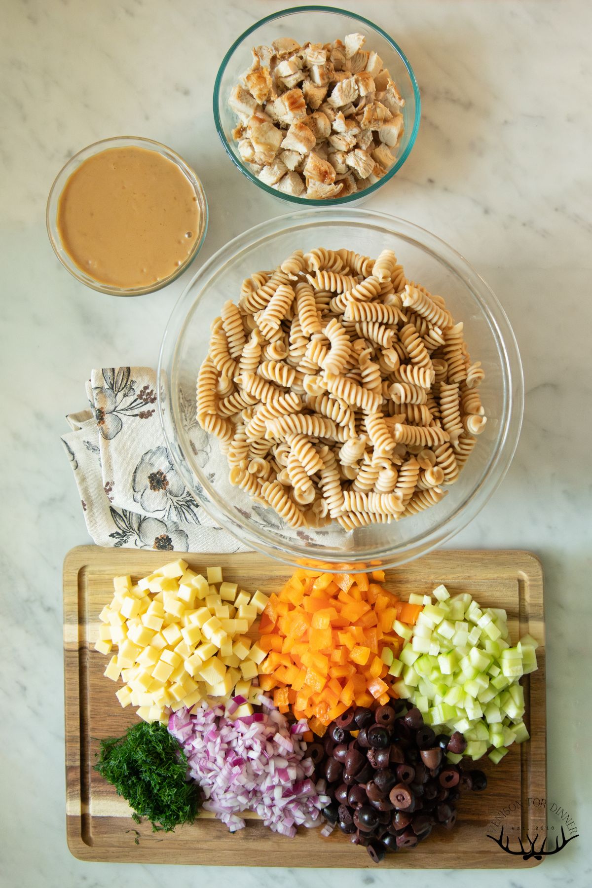 Ingredients for grilled chicken pasta salad.