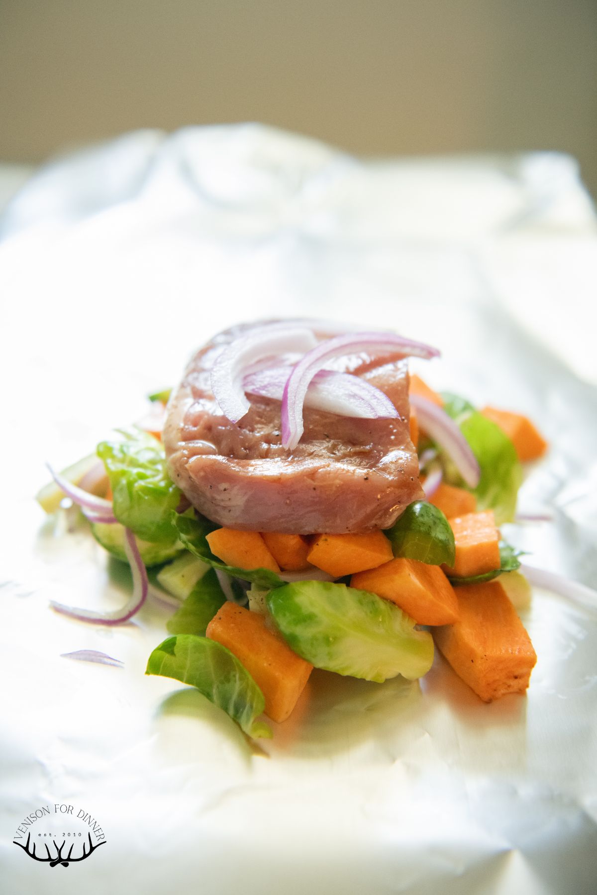 Pork chop over chopped veggies on a sheet of foil.