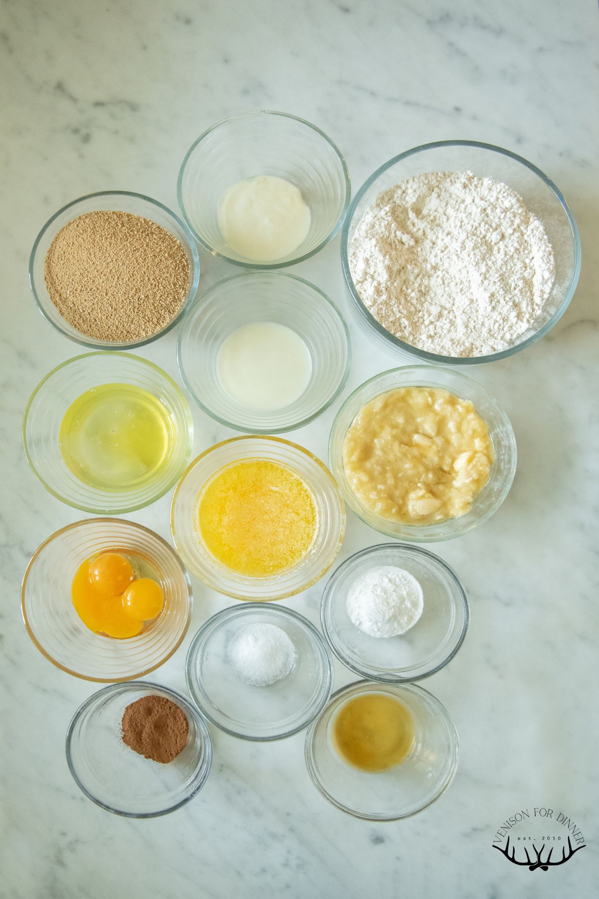 Ingredients to make banana spelt muffins.