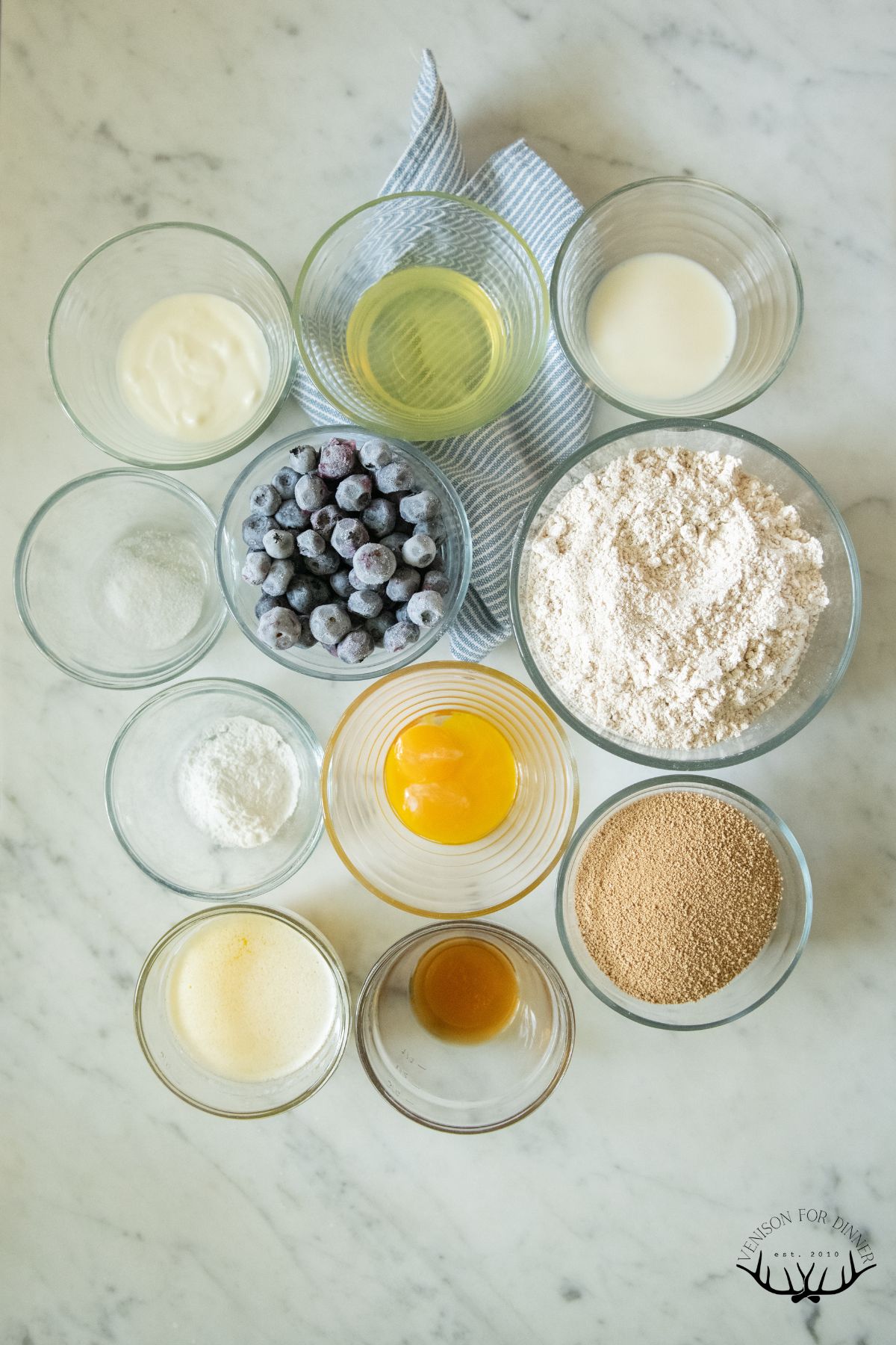 Ingredients to make blueberry spelt muffins.