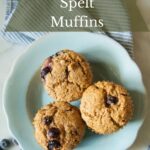 Three blueberry spelt muffins on a plate.