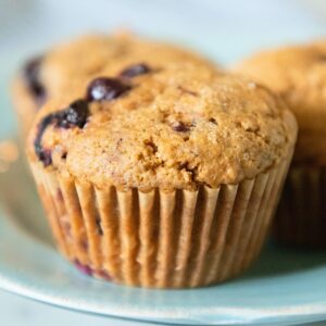 Blueberry spelt muffin in a wrapper.
