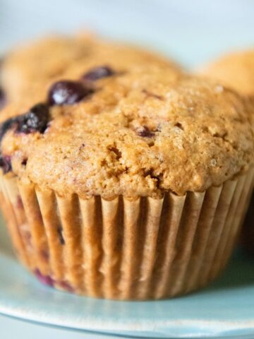 Blueberry spelt muffin in a wrapper.