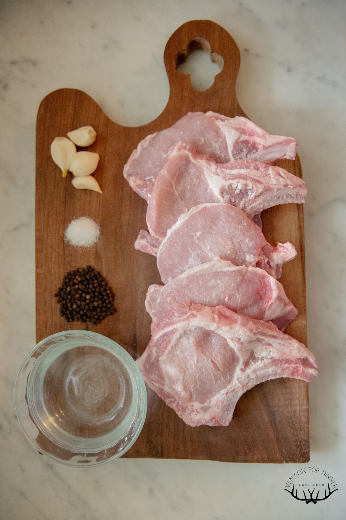 Ingredients to brine bone-in pork chops.