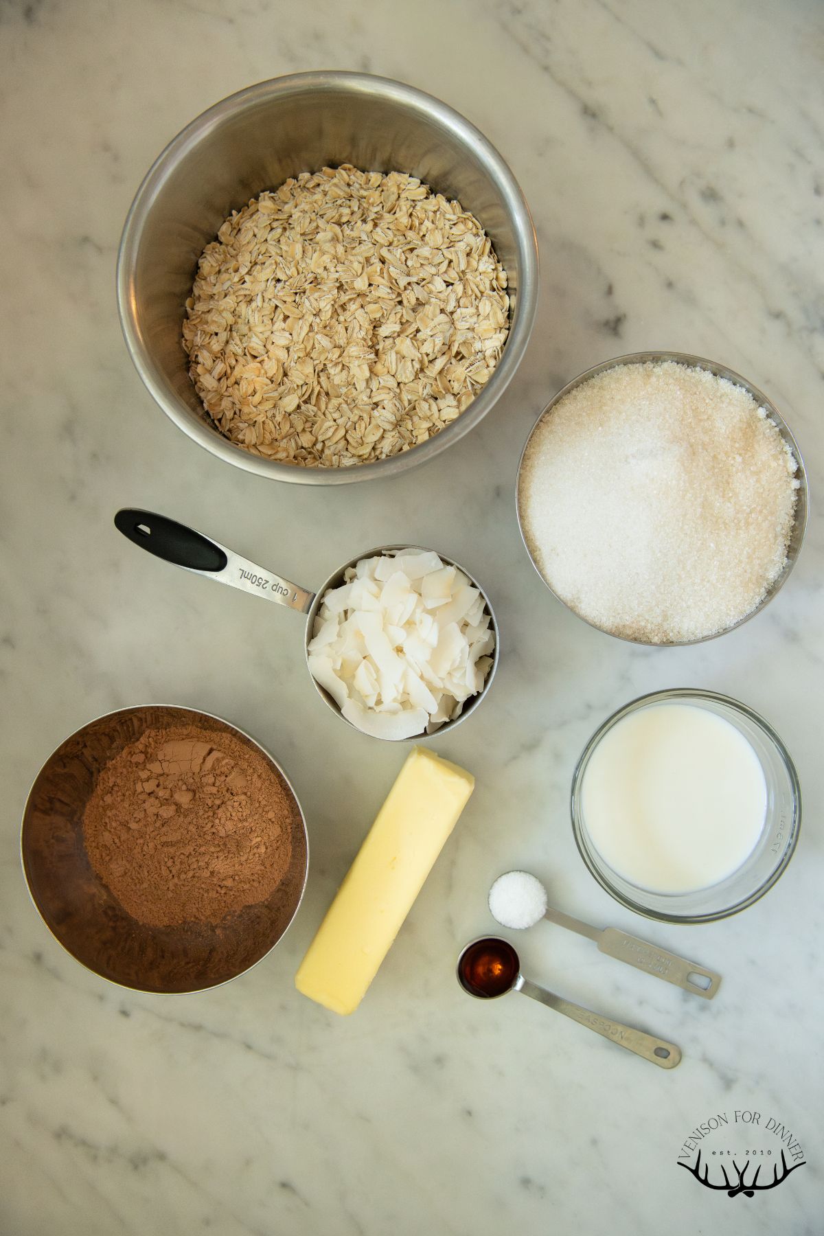Ingredients for chocolate coconut no bake cookies.