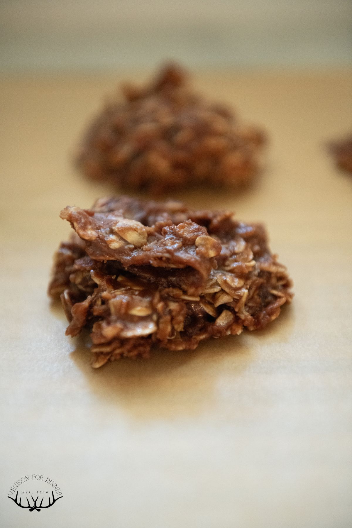 Chocolate no bake cookies resting on parchment.