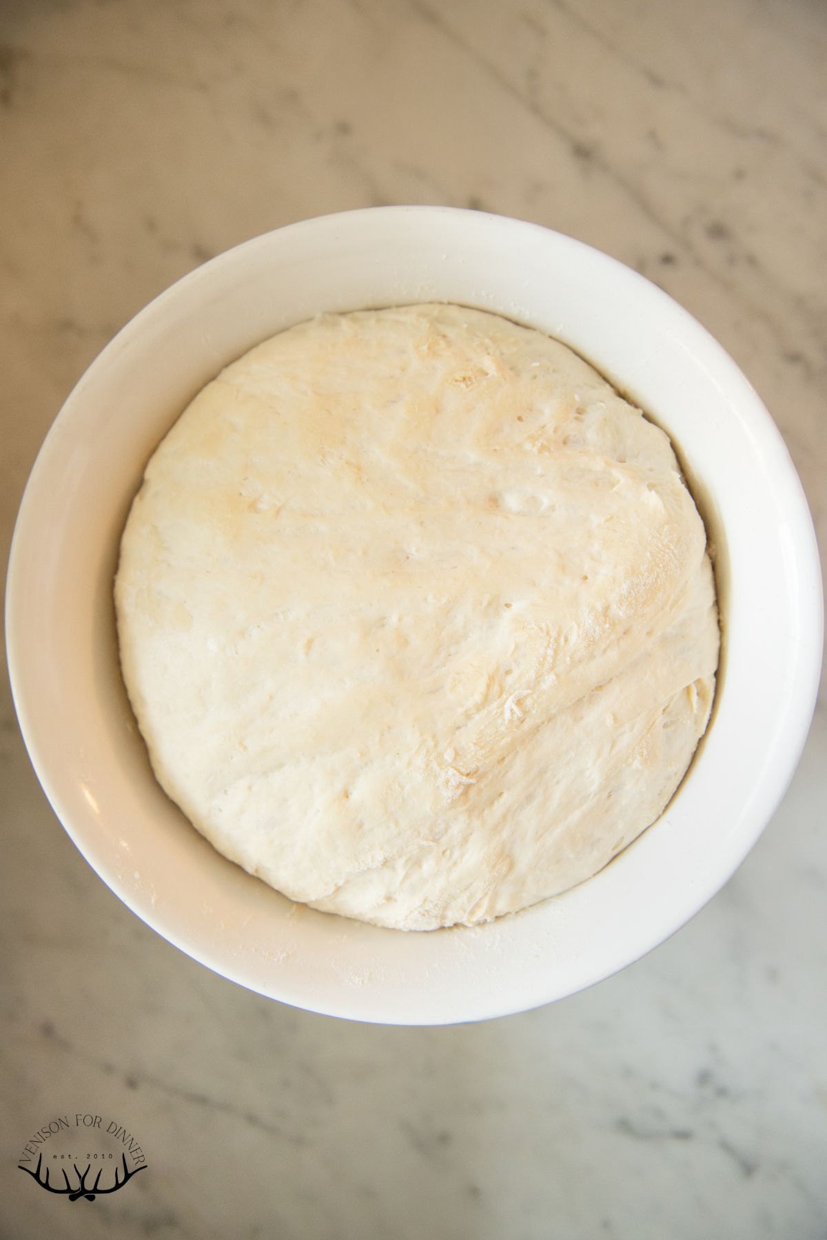 Proofed sourdough in a mixing bowl.