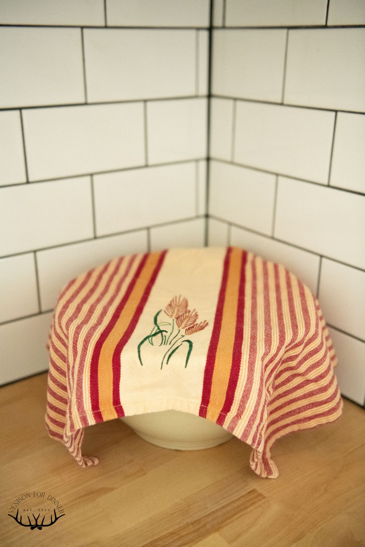 Towel over a bowl of focaccia dough.