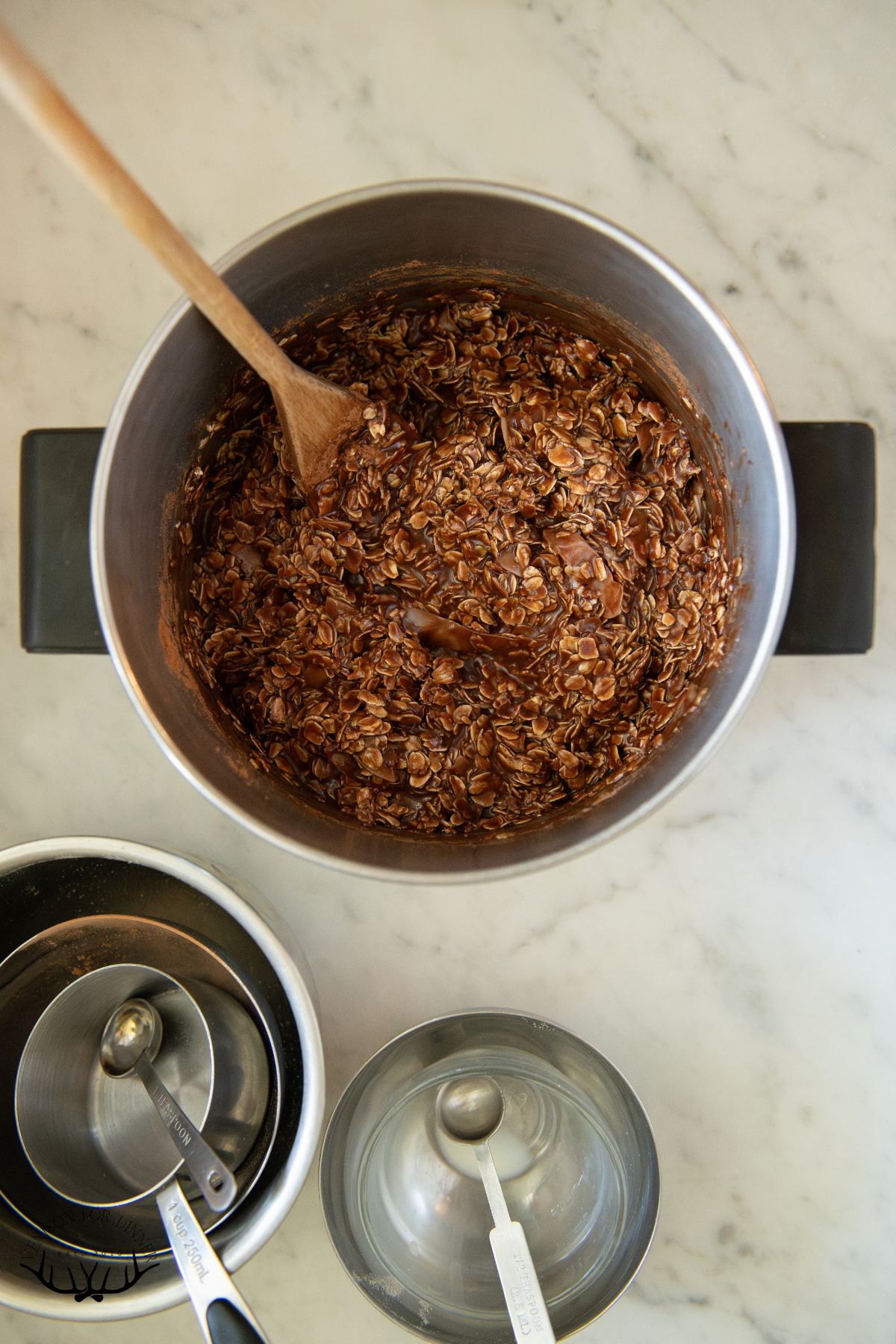 Chocolate covered oats in a pan.