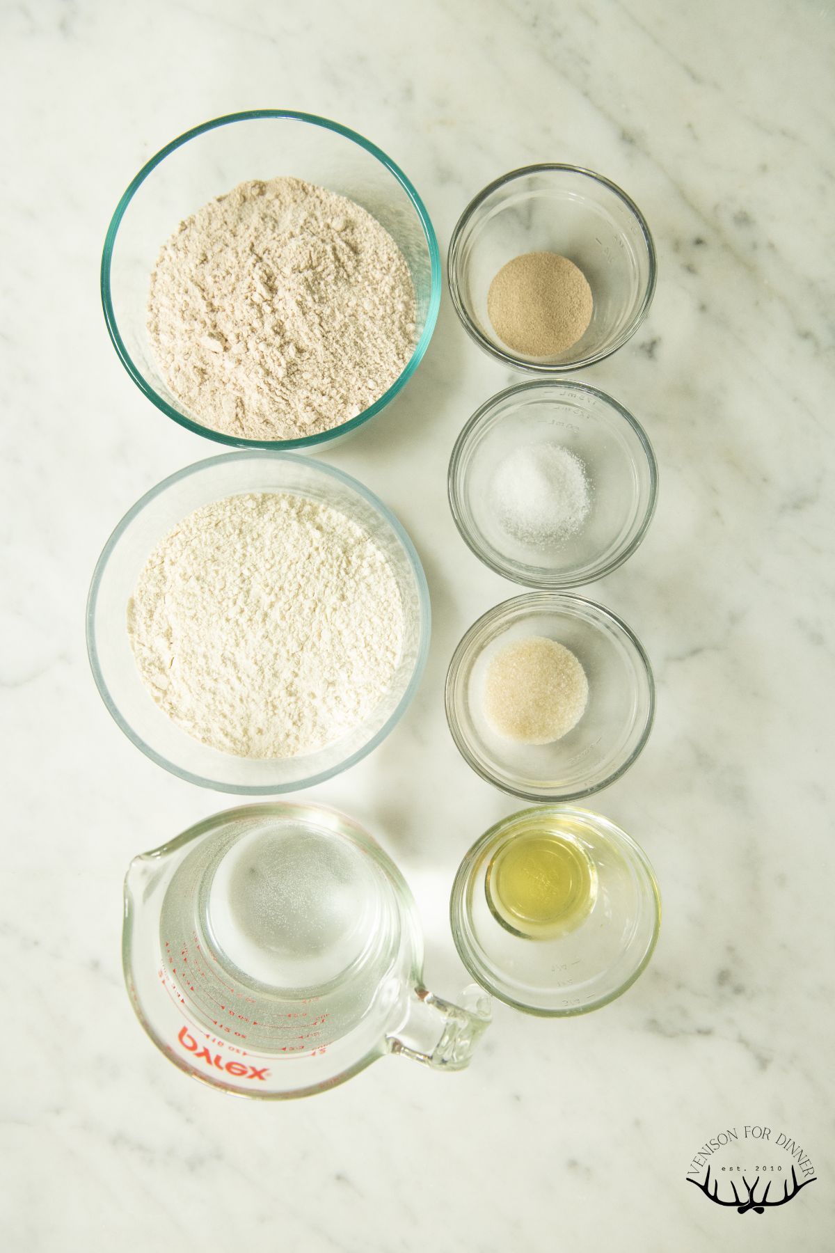 Ingredients to make whole wheat pizza dough.