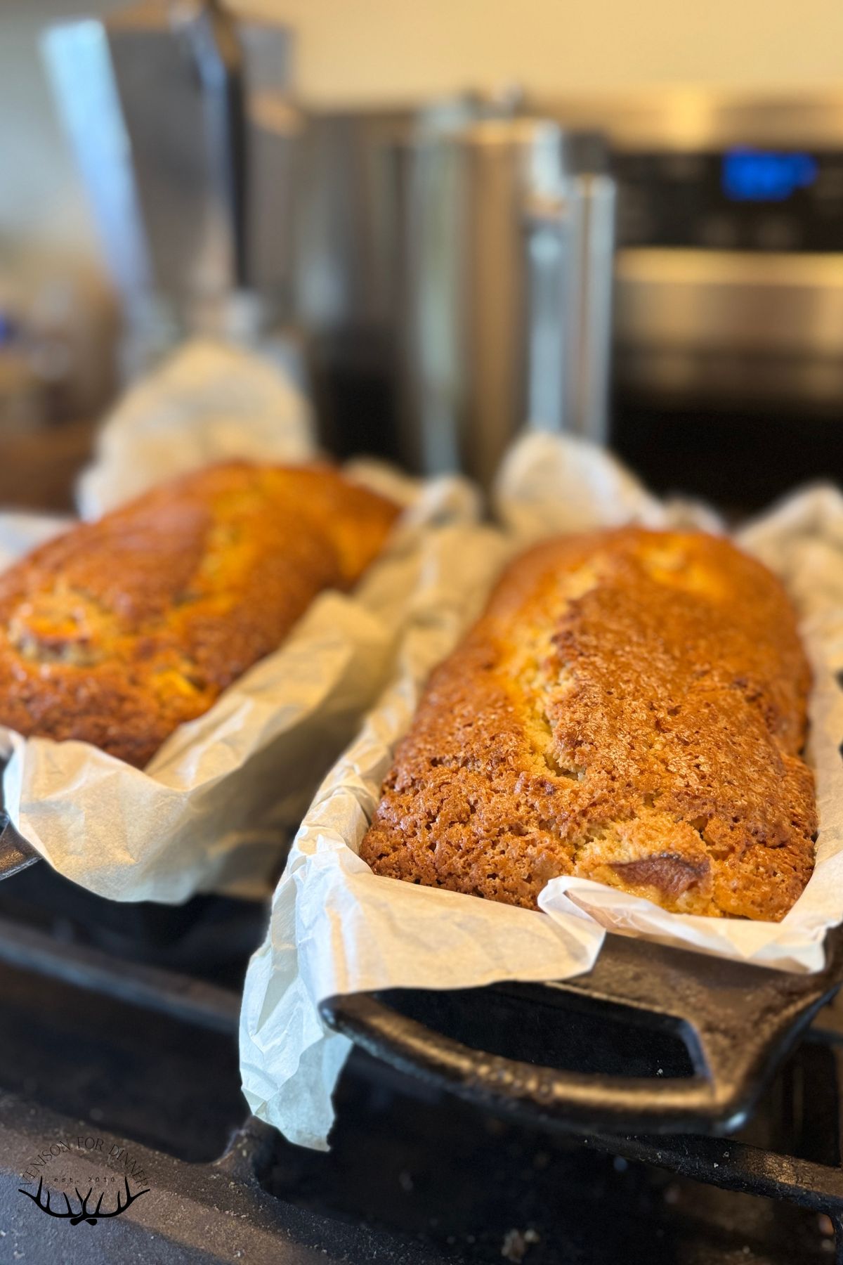 Baked peach quick bread.