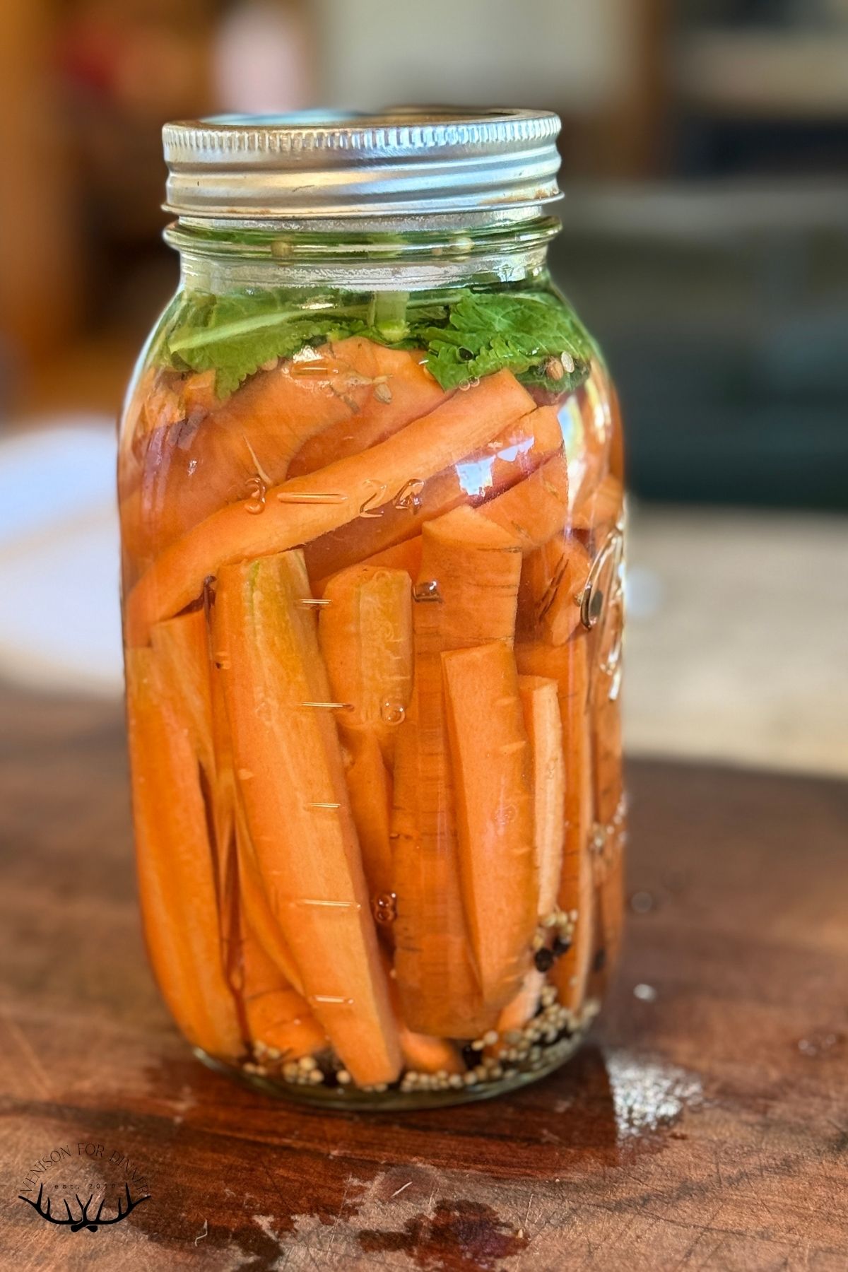 Tightly packed jar of carrots ready to ferment.