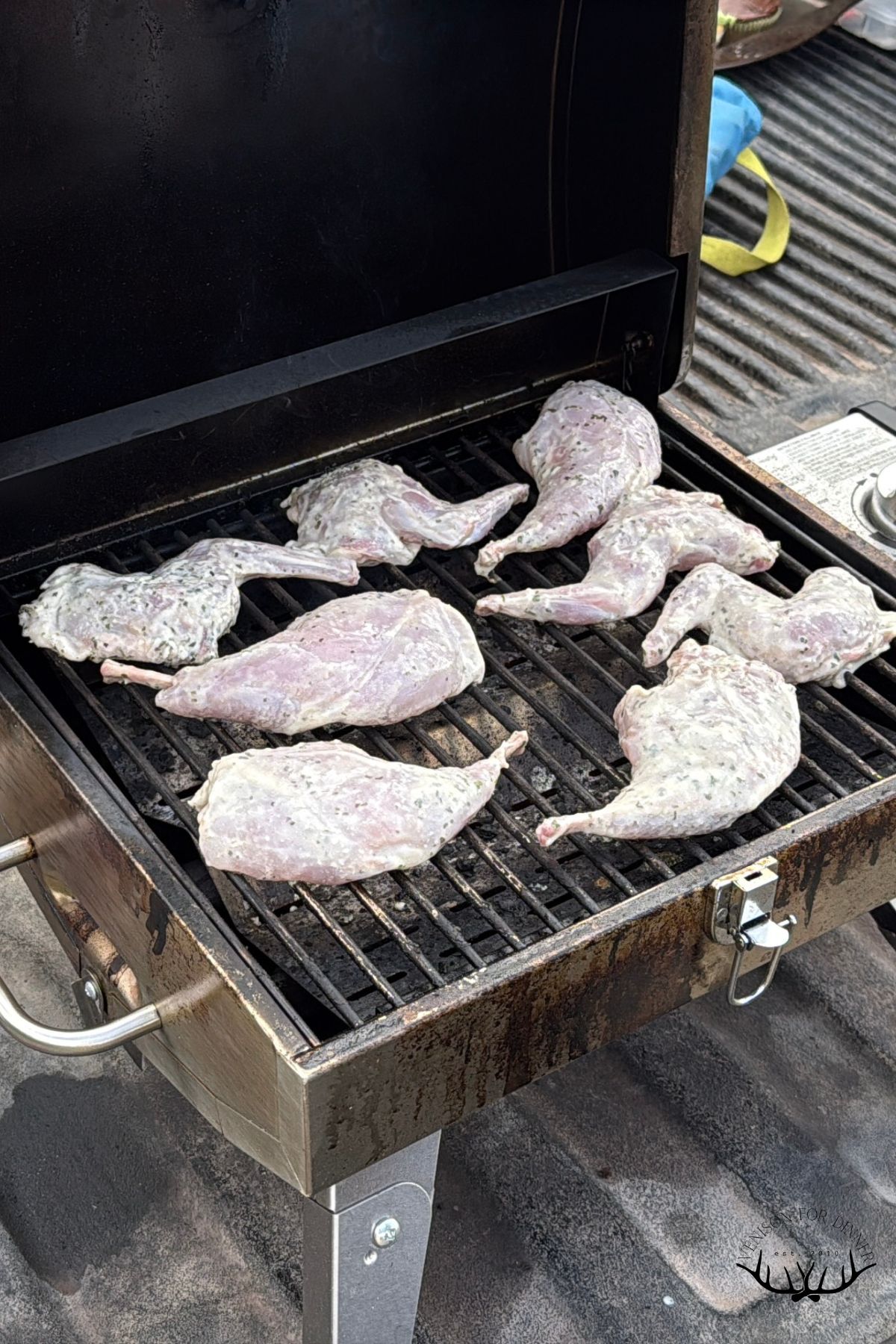 Marinated rabbit legs ready to grill.