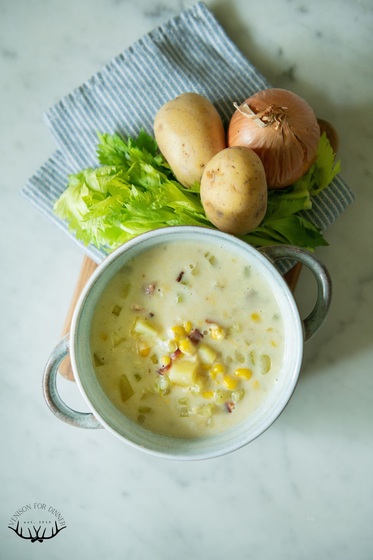 Corn chowder with bacon and potatoes.