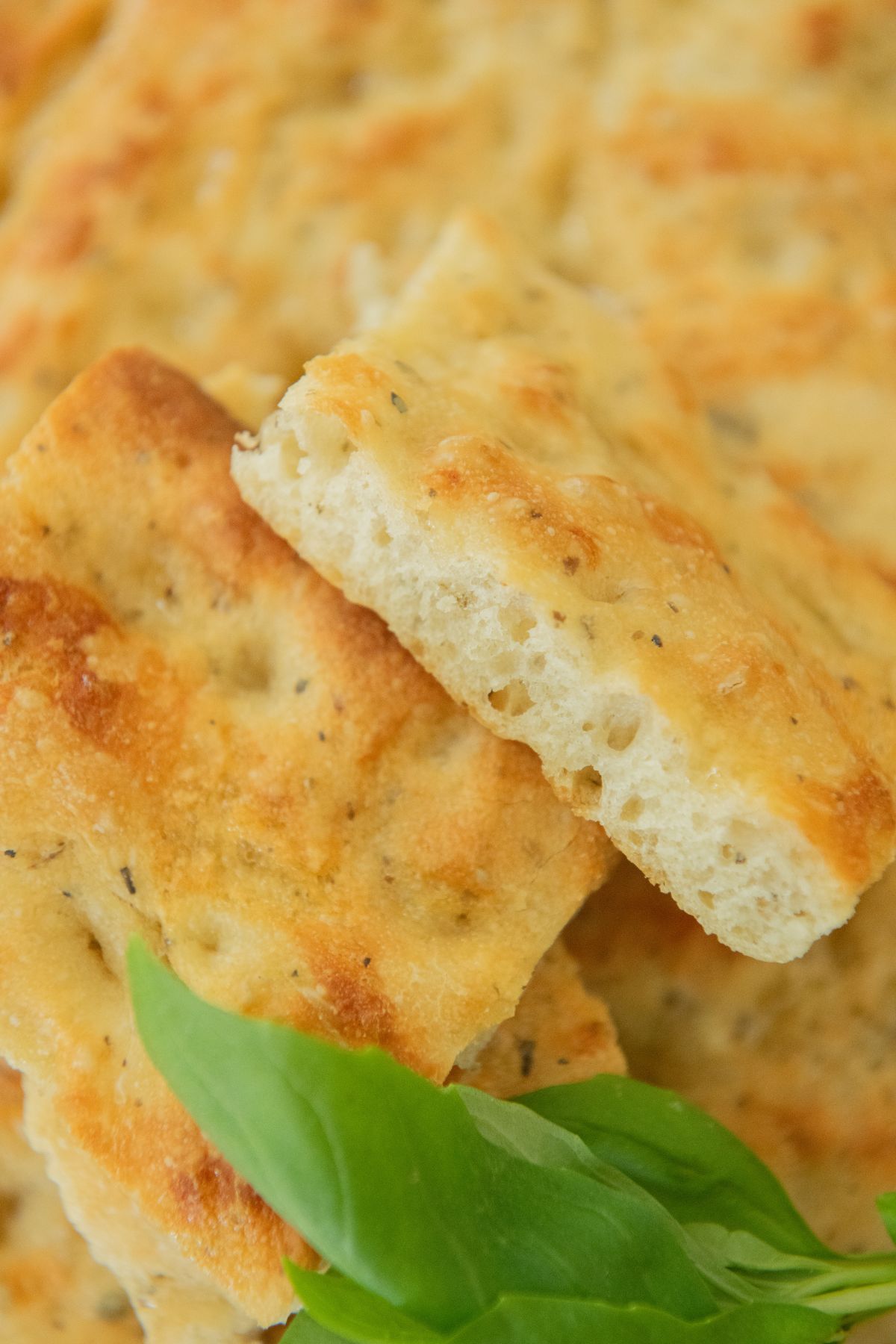 Freshly baked basil focaccia bread.