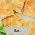Squares of basil focaccia bread.