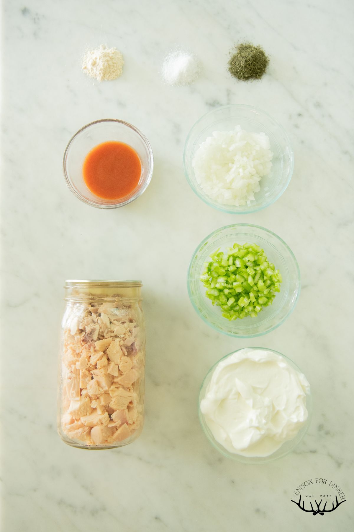 Ingredients to make buffalo chicken salad.