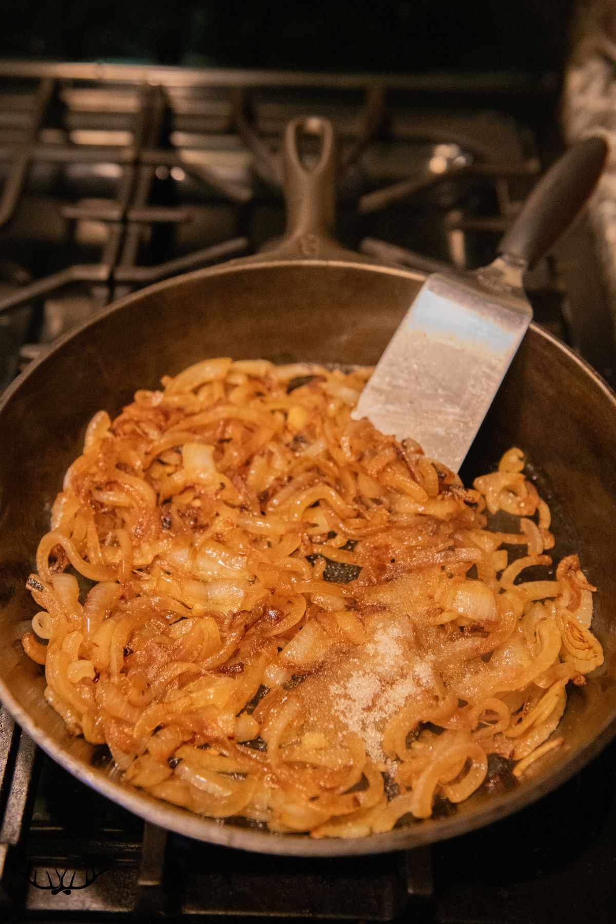Caramelized onions in a skillet.