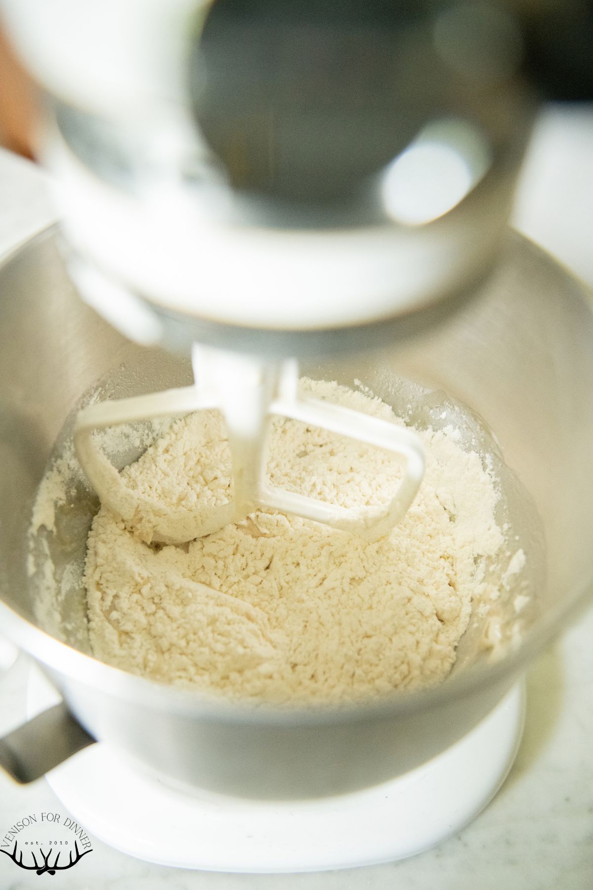 Flour in a stand mixer for pizza dough.