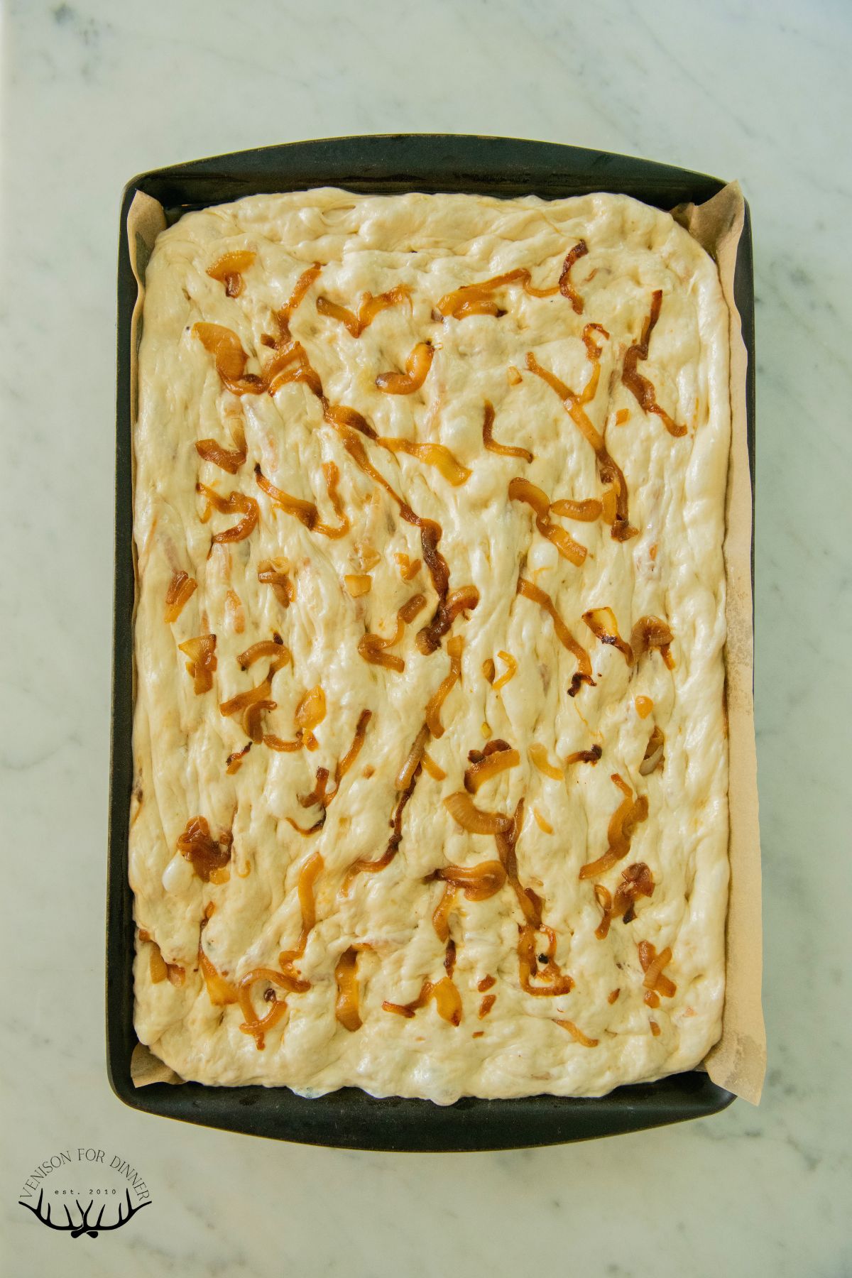 Caramelized onion over stretched bread dough.