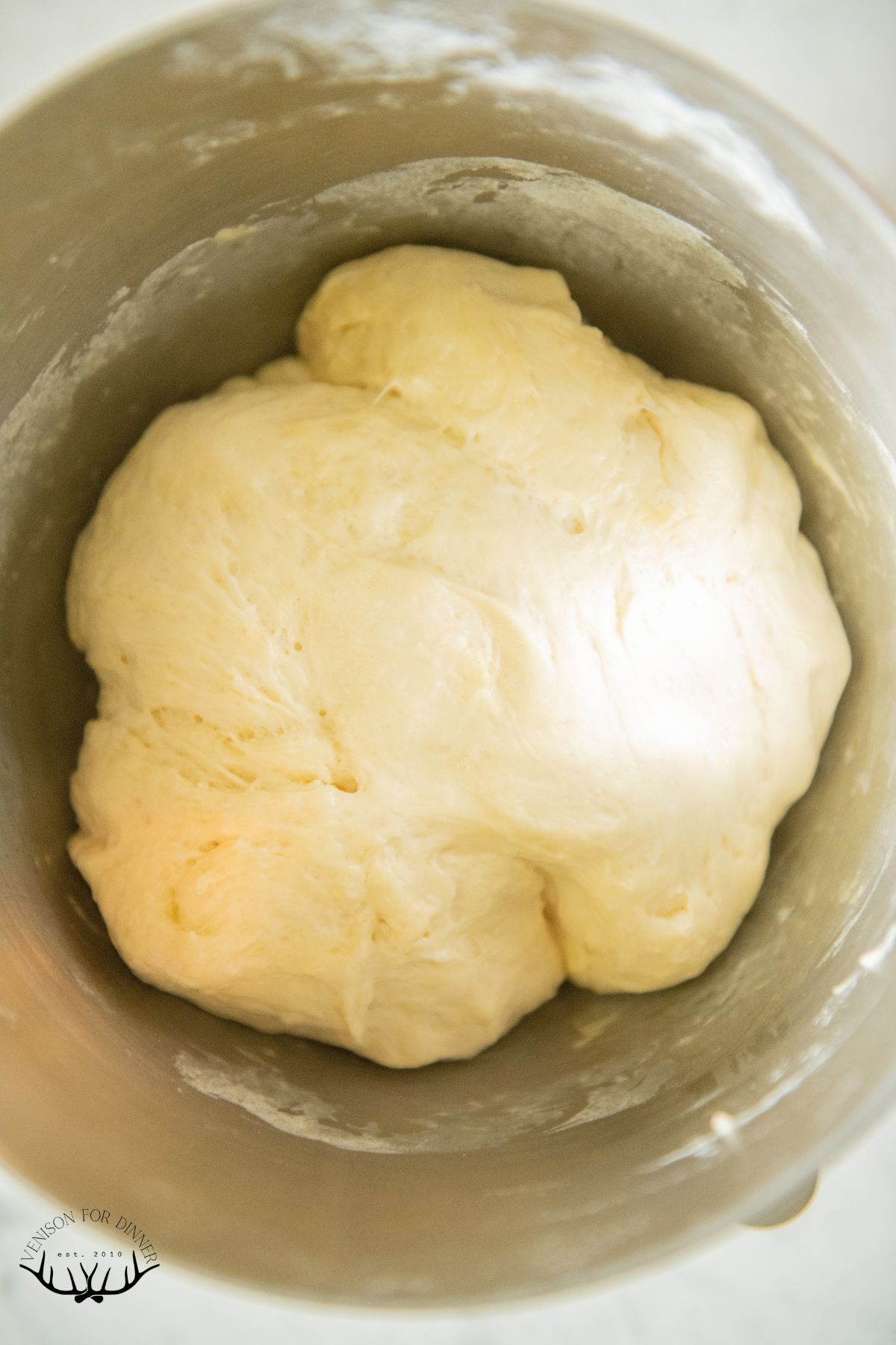 Proofed discard pizza dough in a mixing bowl.
