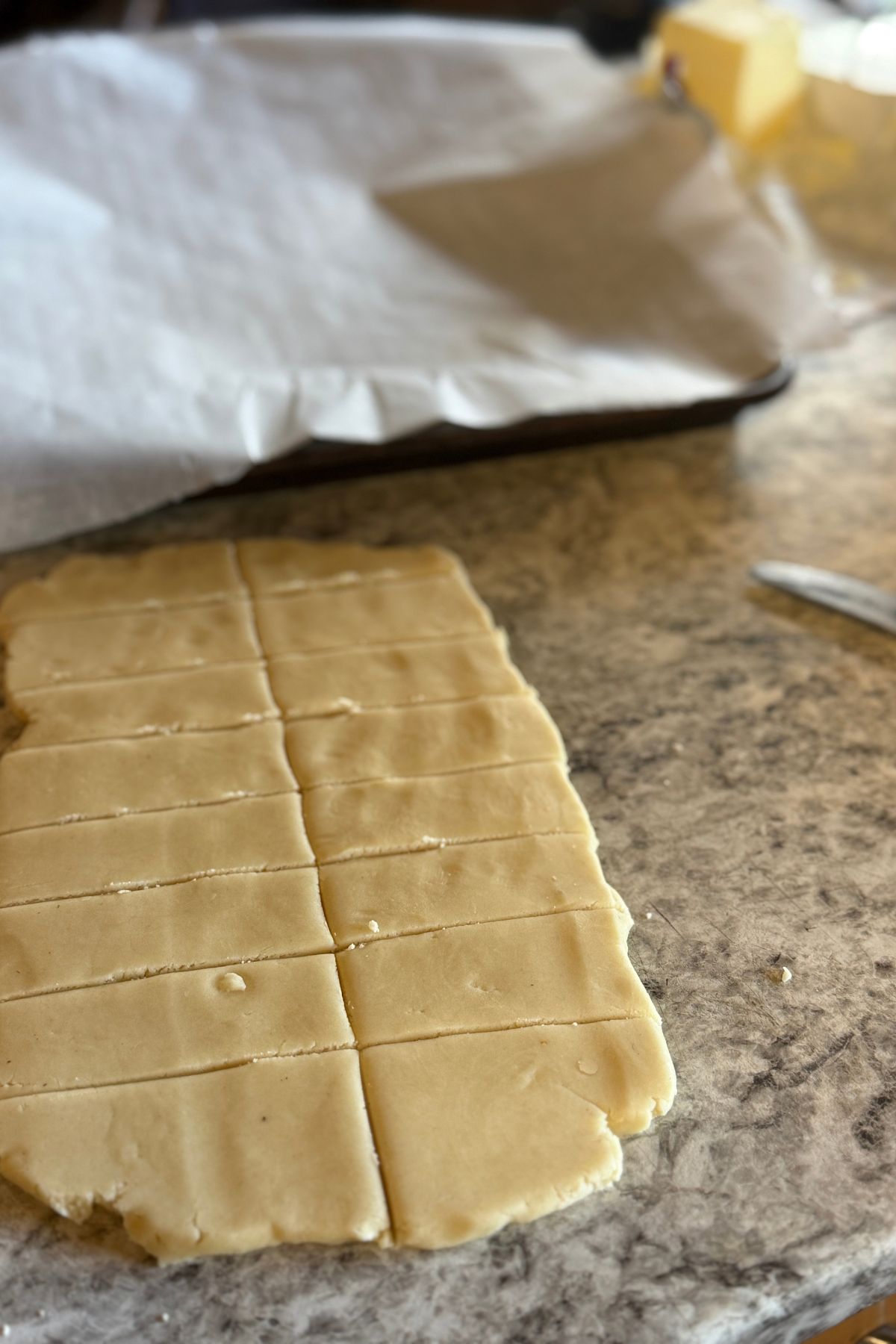 Shortbread cut into bars.