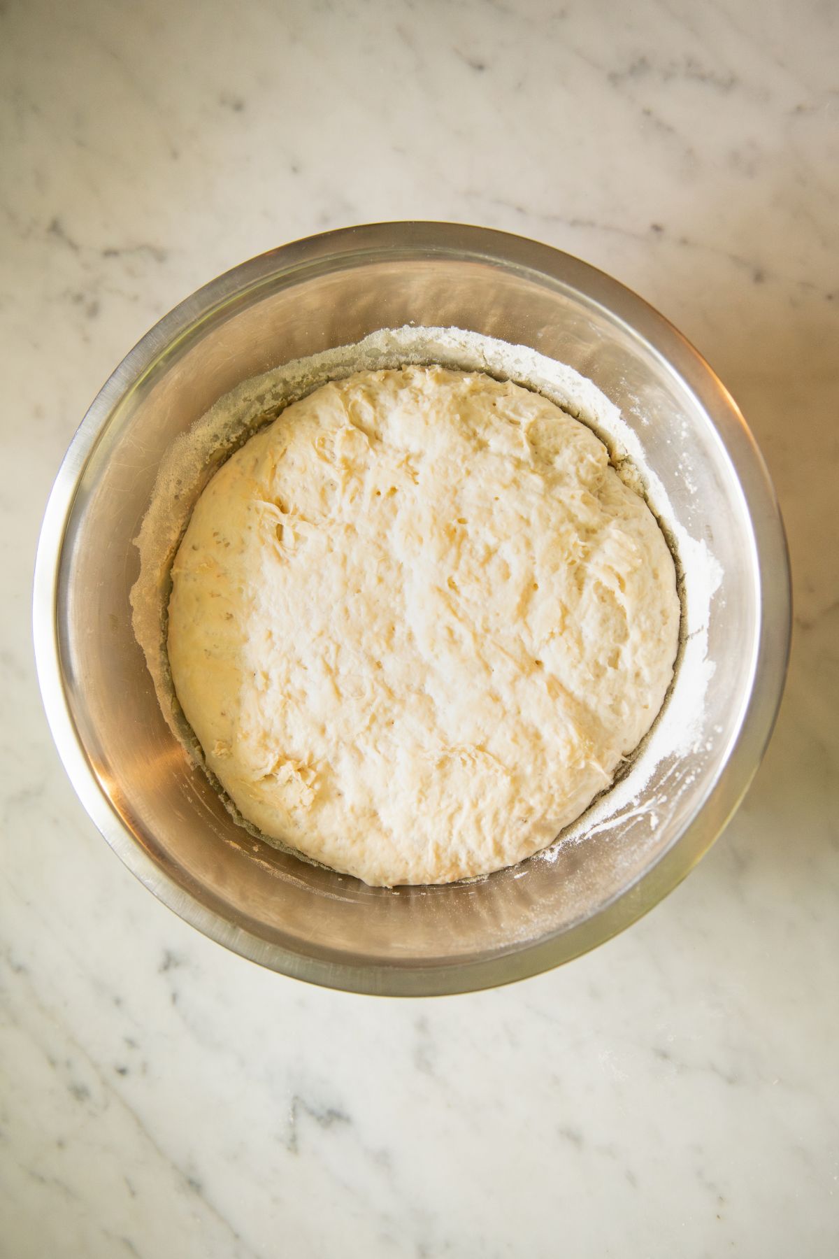 Proofed sourdough baguette dough.