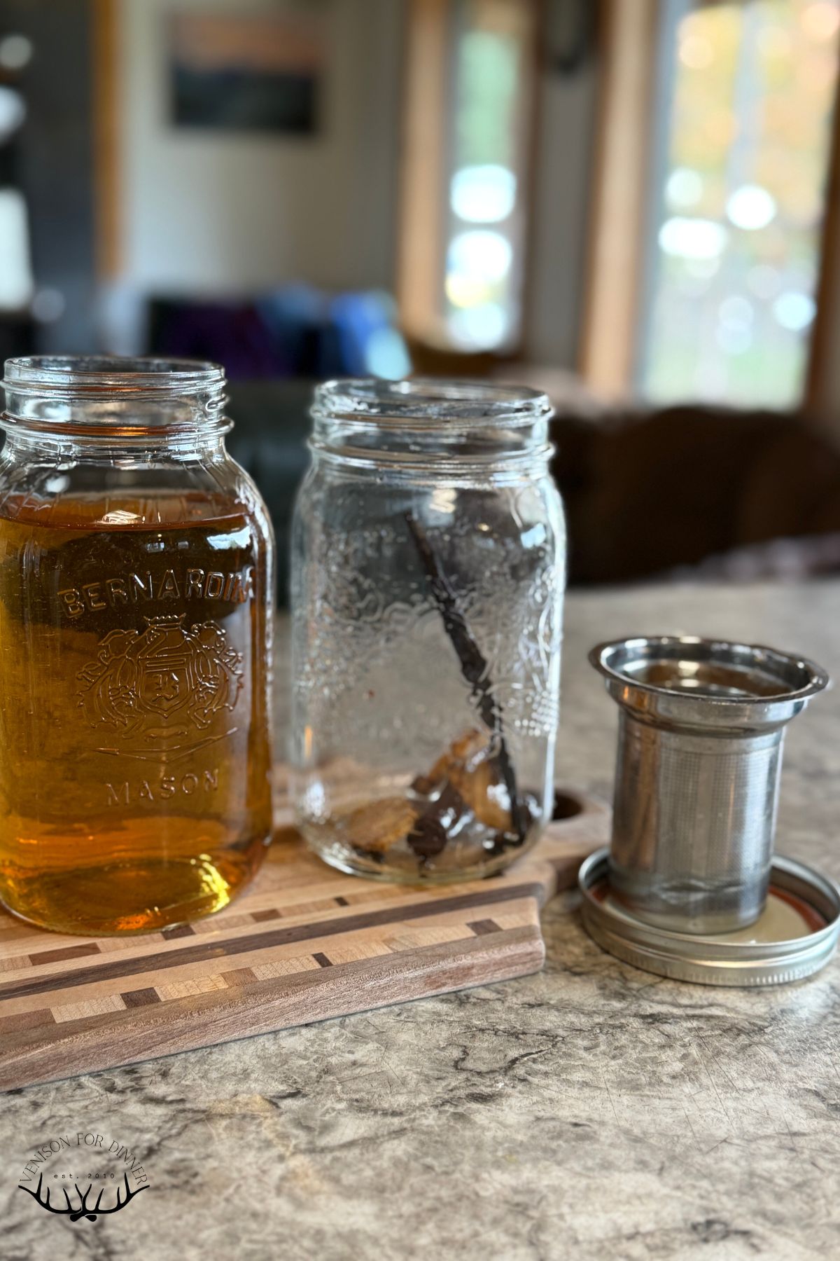 Spent spices and a jar of rum.