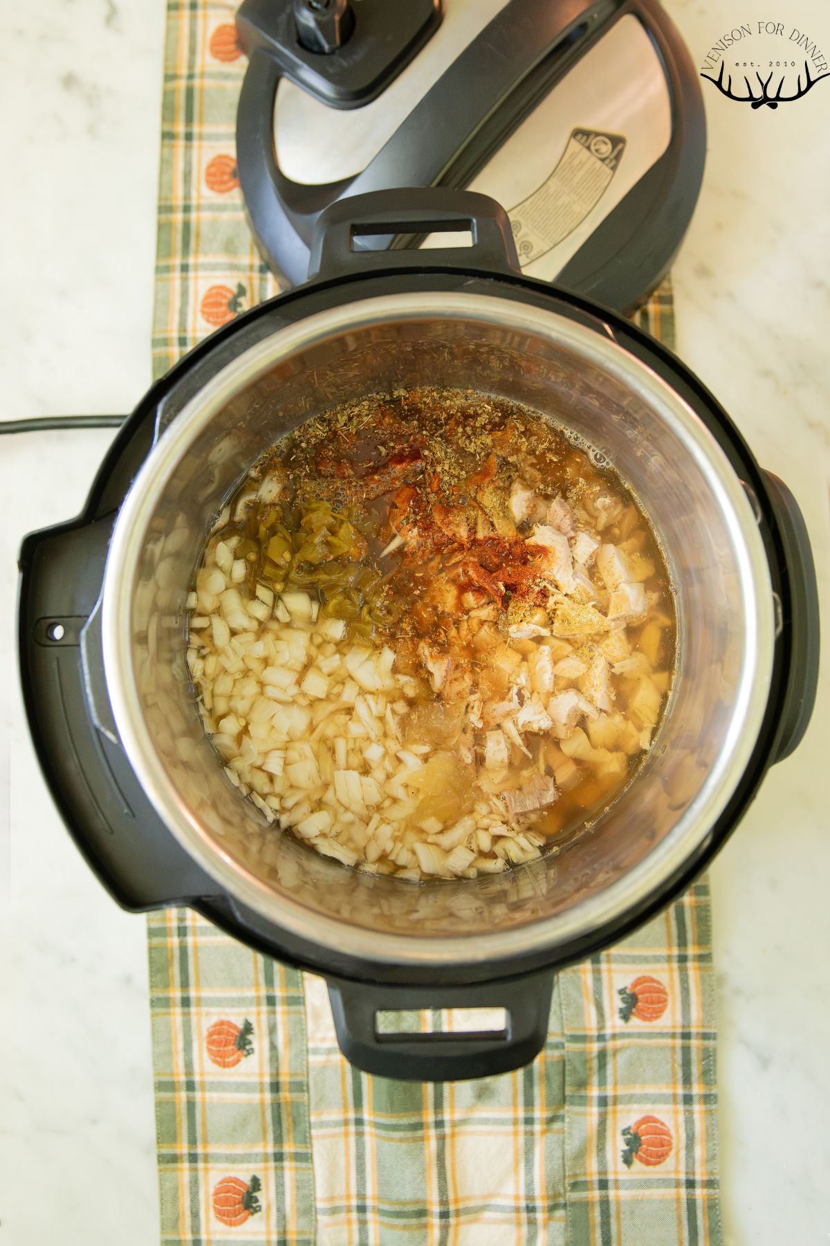 Turkey chili ingredients in the Instant Pot.
